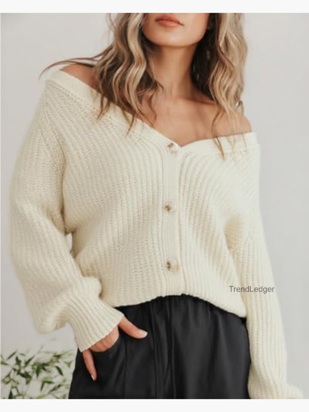 Oversized Long Sleeve V-Neck Cardigan Sweater, 12% Wool Blend, Loose Fit - Picture 2 of 7